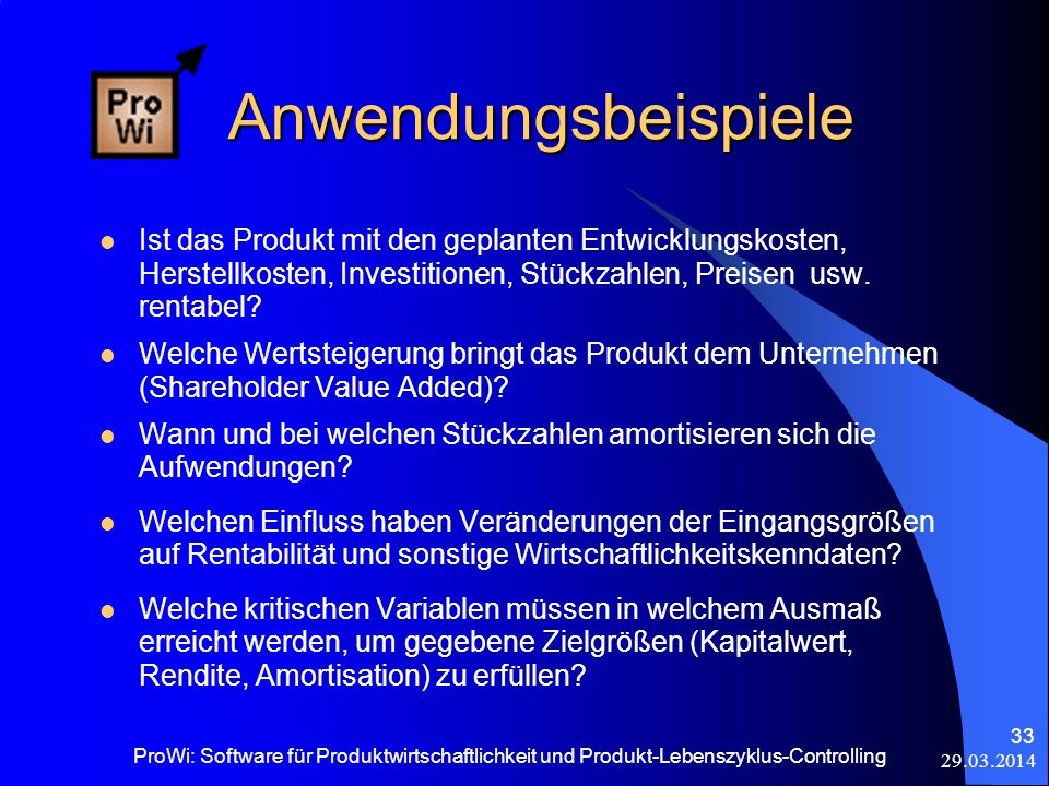 Anwendungsbeispiele Ist das Produkt mit den geplanten Entwicklungskosten, Herstellkosten, Investitionen, Stückzahlen, Preisen usw. rentabel