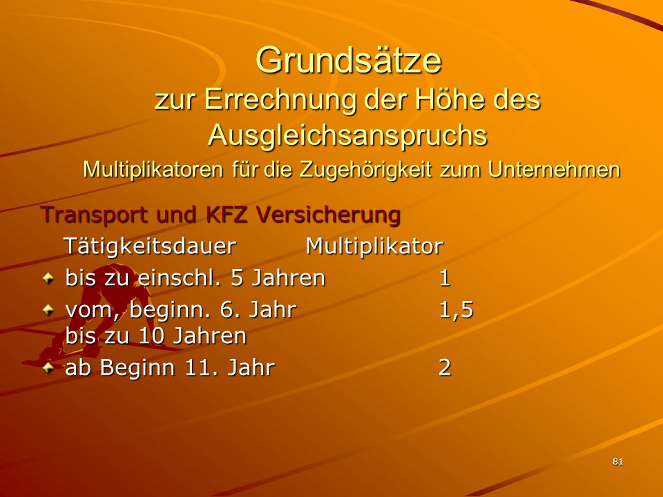 Grundsätze zur Errechnung der Höhe des Ausgleichsanspruchs Multiplikatoren für die Zugehörigkeit zum Unternehmen