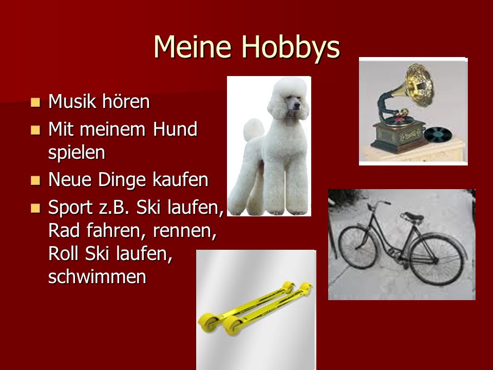 Meine Hobbys Musik hören Mit meinem Hund spielen Neue Dinge kaufen