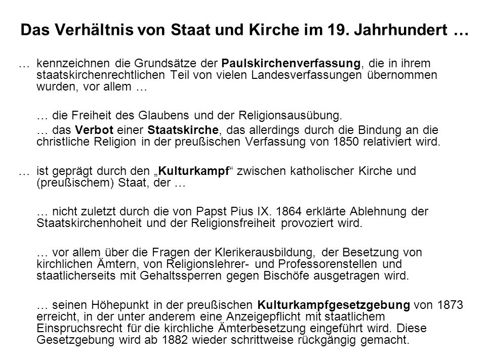 Das Verhältnis von Staat und Kirche im 19. Jahrhundert …