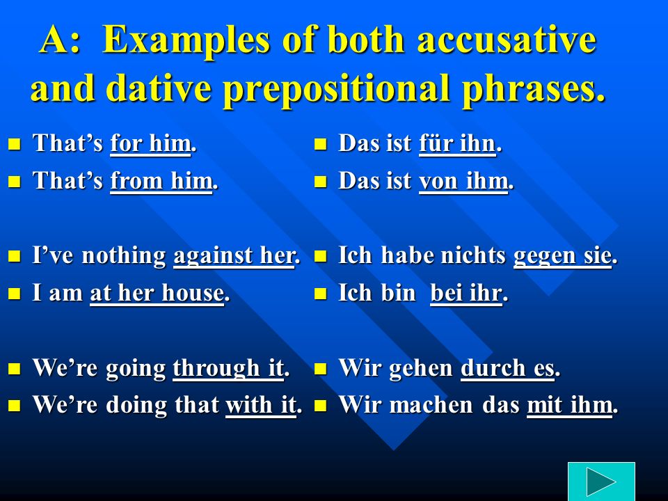 A: Examples of both accusative and dative prepositional phrases.