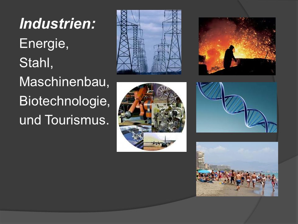 Industrien: Energie, Stahl, Maschinenbau, Biotechnologie,
