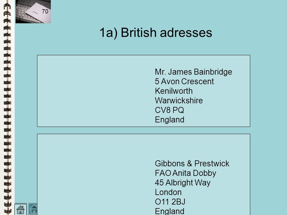 1a) British adresses 5 Avon Crescent Kenilworth Warwickshire CV8 PQ
