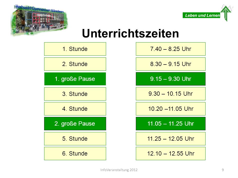 Unterrichtszeiten 1. Stunde 7.40 – 8.25 Uhr 2. Stunde 8.30 – 9.15 Uhr