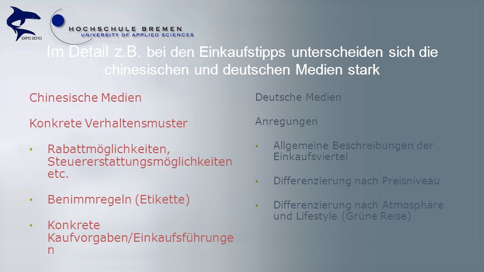 Im Detail z.B. bei den Einkaufstipps unterscheiden sich die chinesischen und deutschen Medien stark