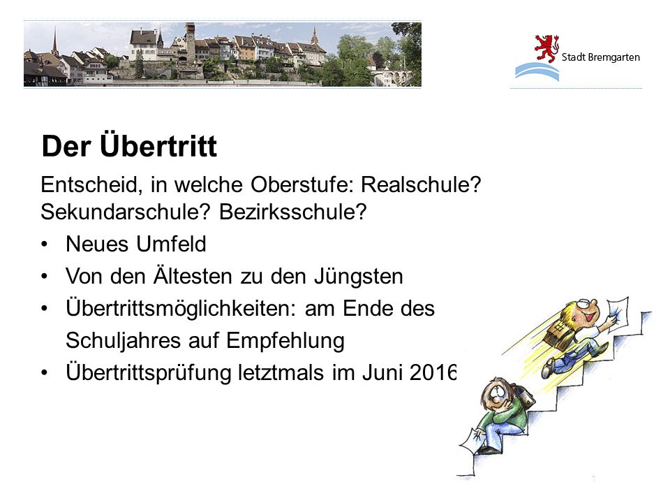 Der Übertritt Entscheid, in welche Oberstufe: Realschule Sekundarschule Bezirksschule Neues Umfeld.