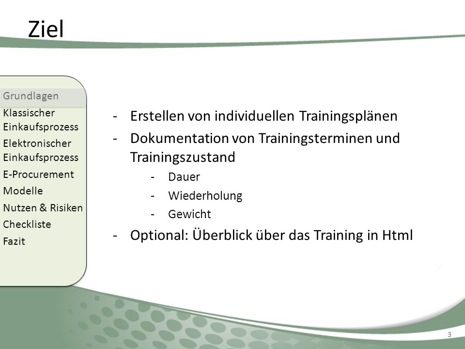 Ziel Erstellen von individuellen Trainingsplänen