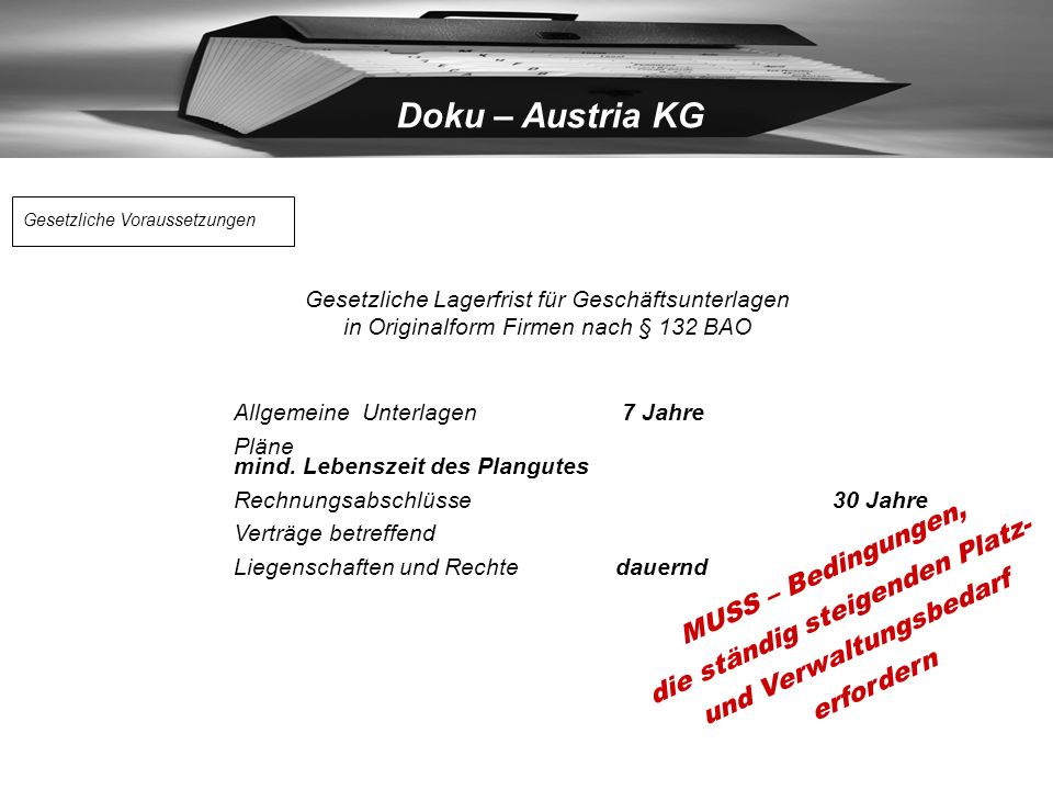 die ständig steigenden Platz- und Verwaltungsbedarf