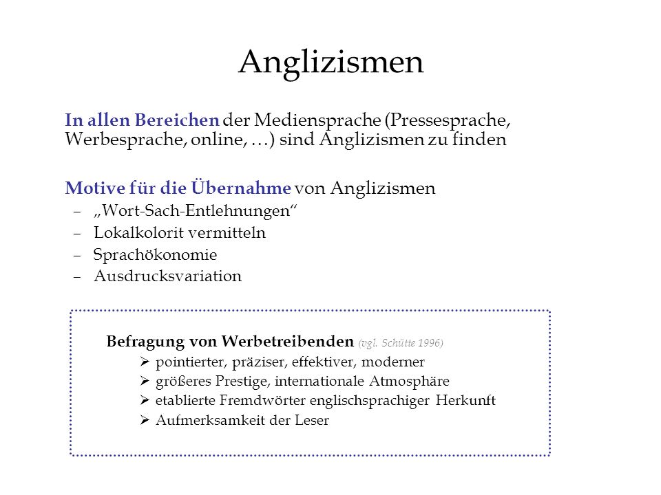 Anglizismen In allen Bereichen der Mediensprache (Pressesprache, Werbesprache, online, …) sind Anglizismen zu finden.