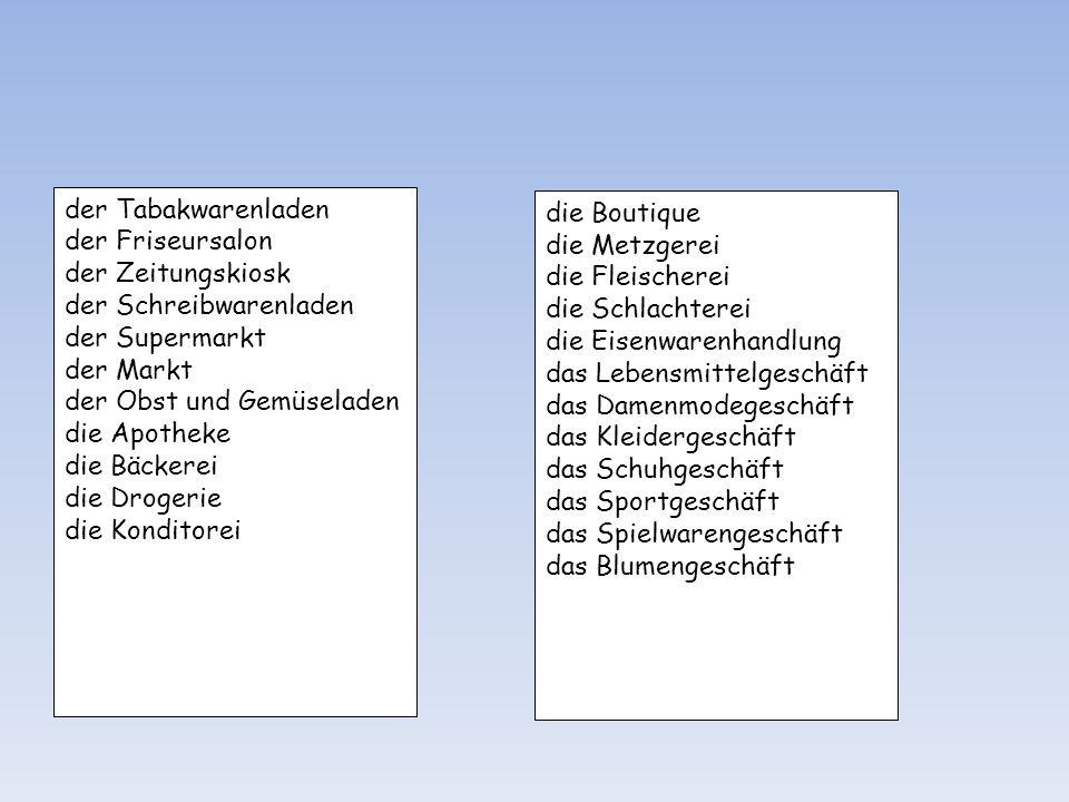 der Tabakwarenladen der Friseursalon. der Zeitungskiosk. der Schreibwarenladen. der Supermarkt. der Markt.
