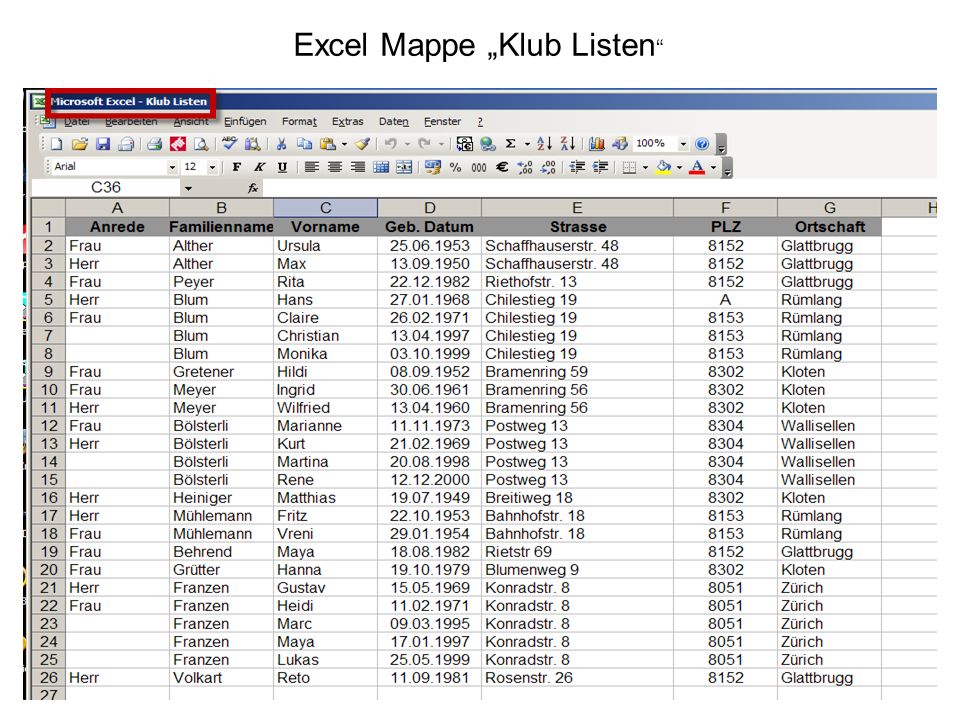 Excel Mappe „Klub Listen