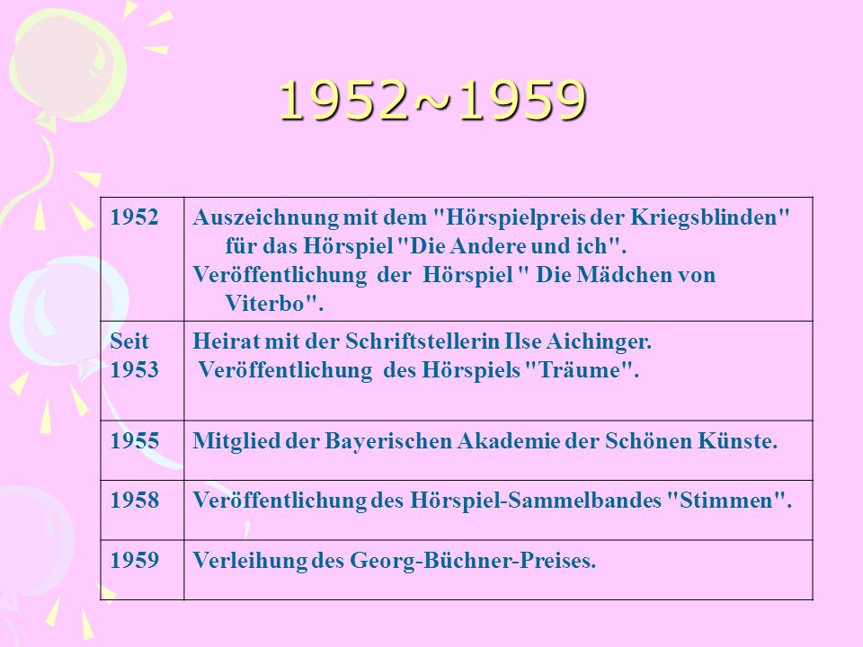 1952~ Auszeichnung mit dem Hörspielpreis der Kriegsblinden für das Hörspiel Die Andere und ich .