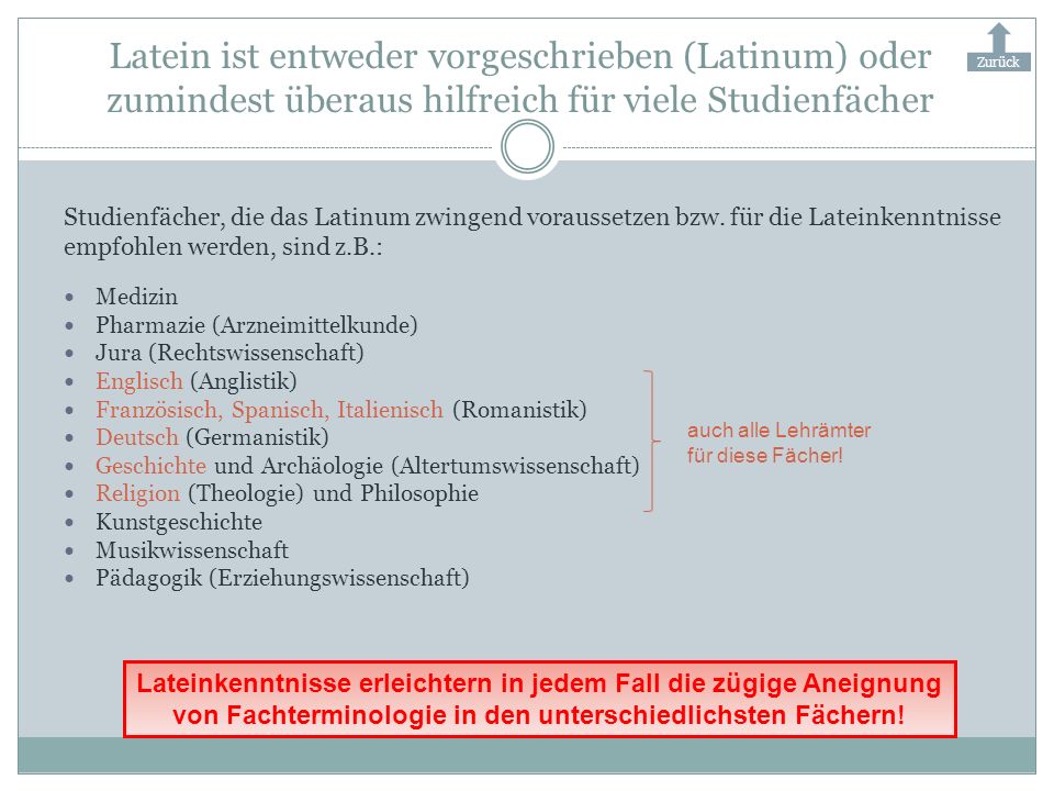Zurück Latein ist entweder vorgeschrieben (Latinum) oder zumindest überaus hilfreich für viele Studienfächer.