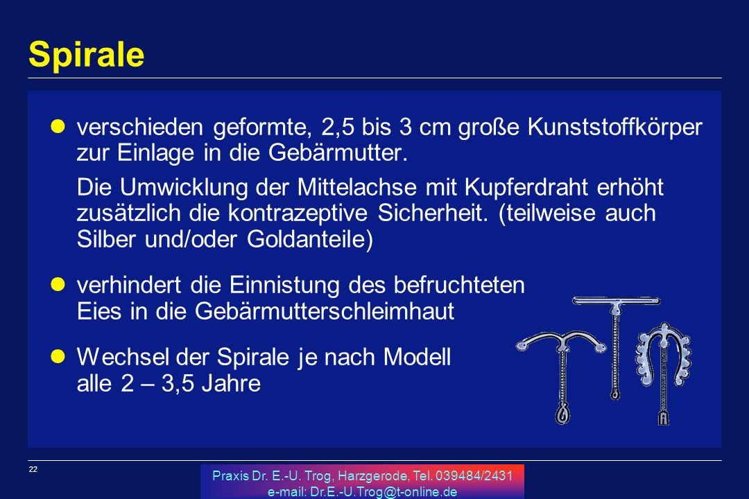 Spirale verschieden geformte, 2,5 bis 3 cm große Kunststoffkörper zur Einlage in die Gebärmutter.