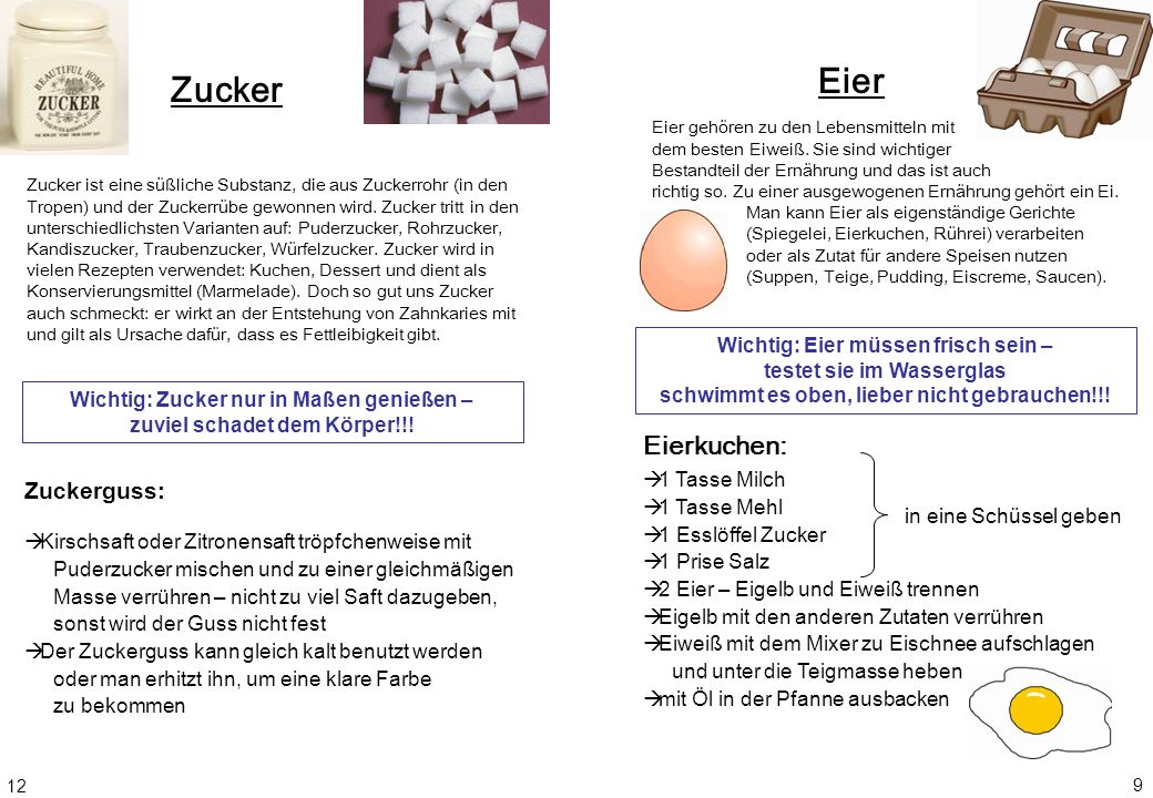Eier Zucker Eierkuchen: Zuckerguss: Wichtig: Eier müssen frisch sein –