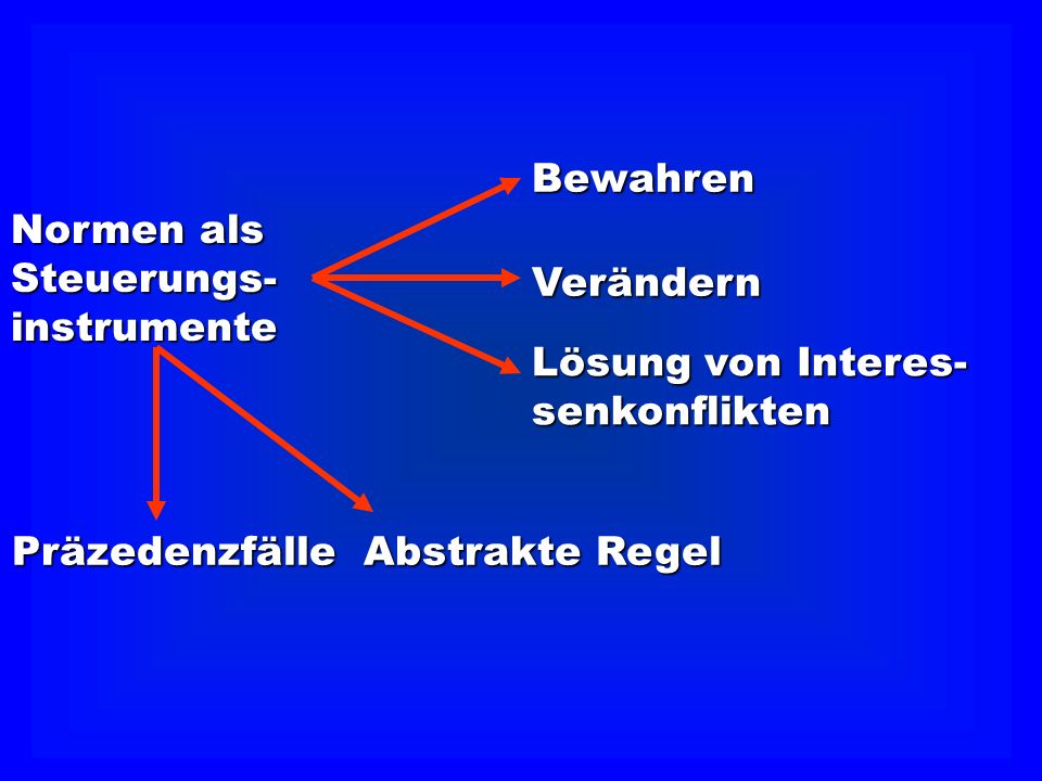 Bewahren Normen als. Steuerungs- instrumente. Verändern. Lösung von Interes- senkonflikten. Präzedenzfälle.