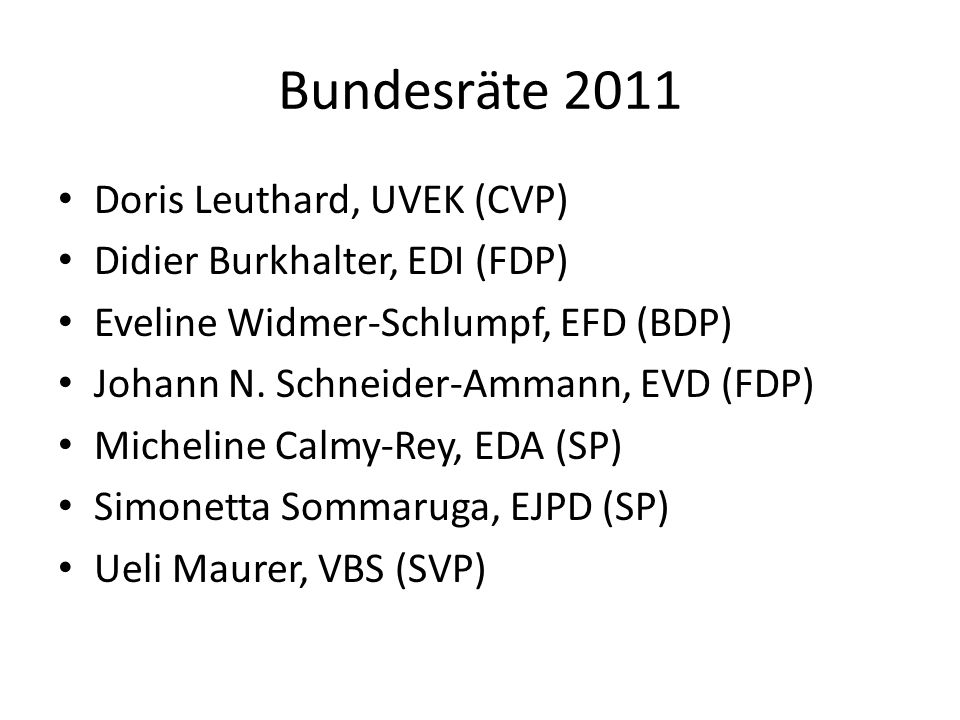 Bundesräte 2011 Doris Leuthard, UVEK (CVP)