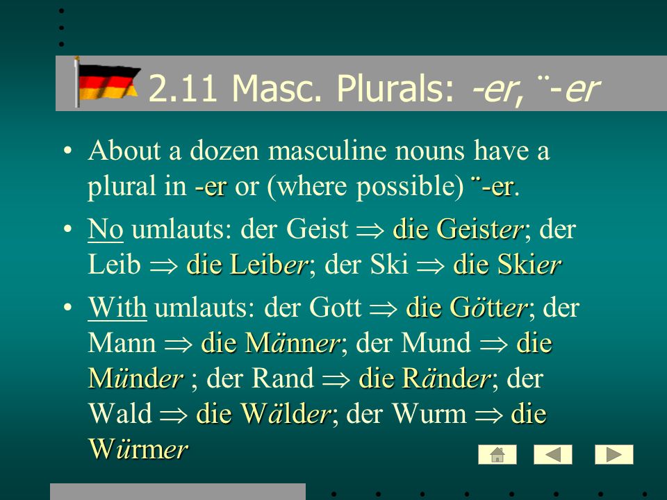 2.11 Masc. Plurals: -er, ¨-er About a dozen masculine nouns have a plural in -er or (where possible) ¨-er.