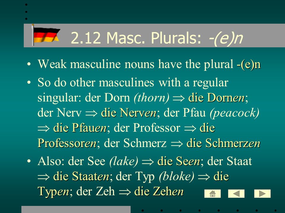 2.12 Masc. Plurals: -(e)n Weak masculine nouns have the plural -(e)n