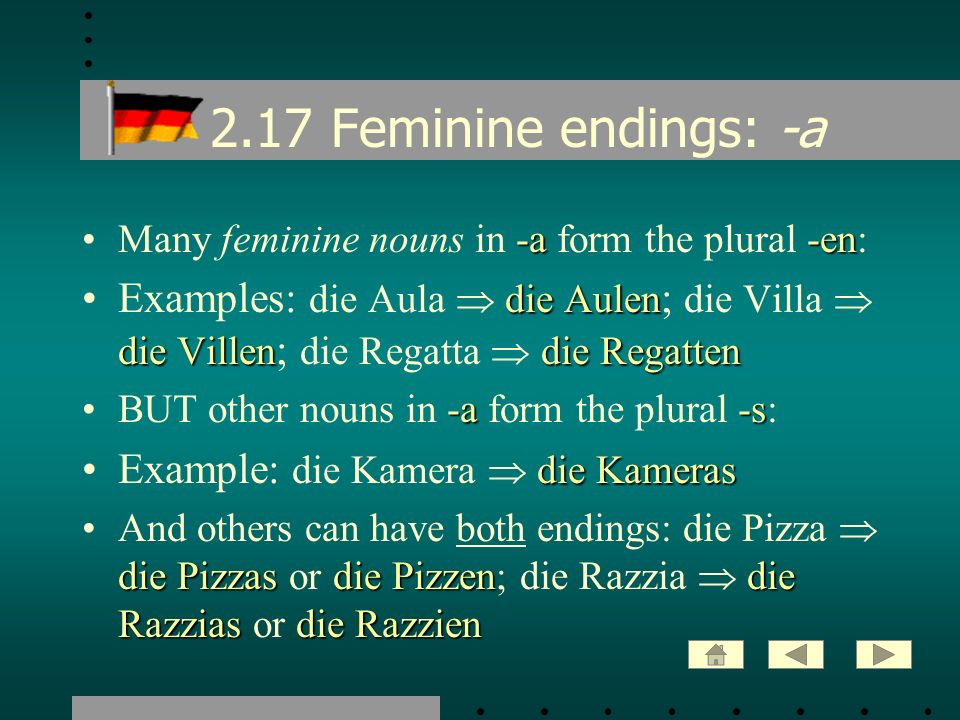 2.17 Feminine endings: -a Many feminine nouns in -a form the plural -en: