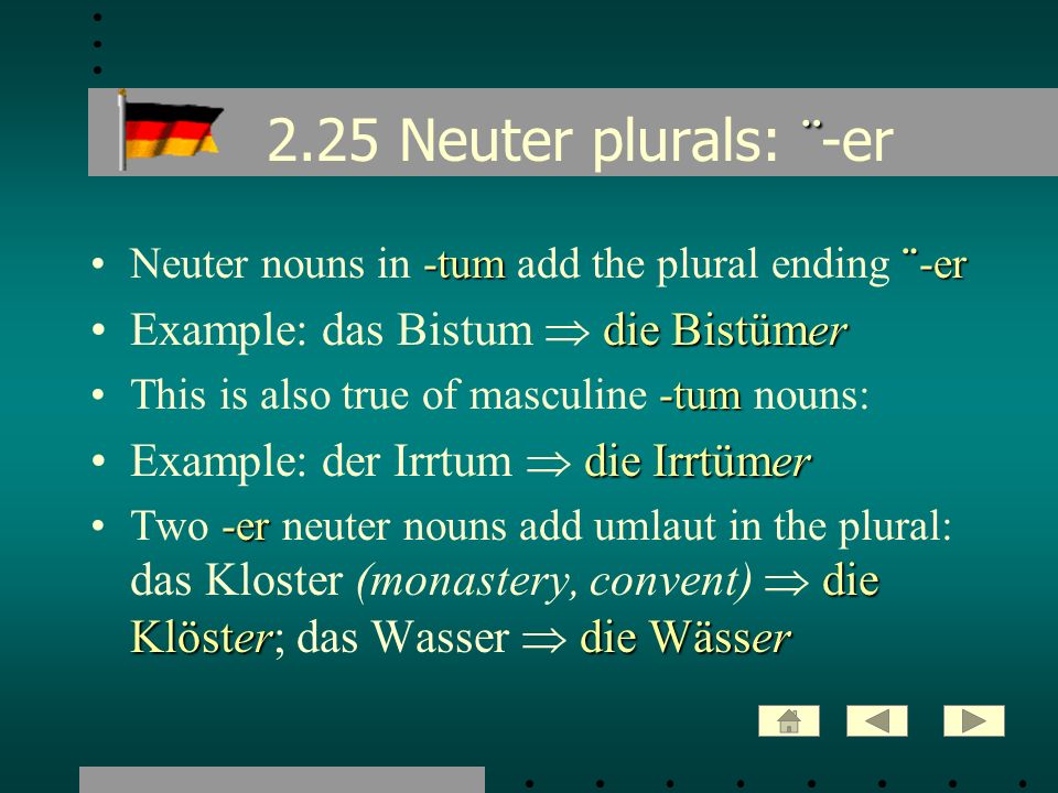 2.25 Neuter plurals: ¨-er Example: das Bistum  die Bistümer