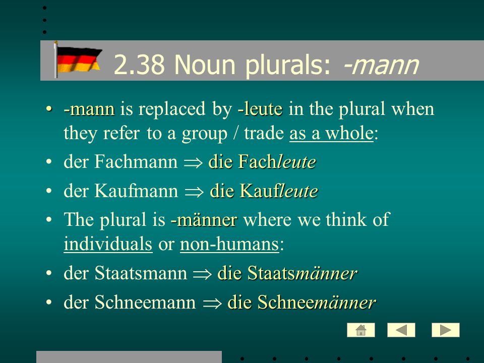 2.38 Noun plurals: -mann -mann is replaced by -leute in the plural when they refer to a group / trade as a whole: