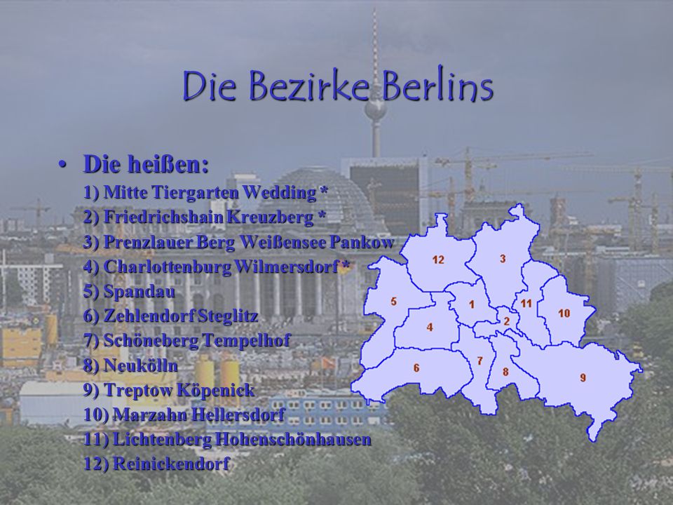 Die Bezirke Berlins Die heißen: 1) Mitte Tiergarten Wedding *