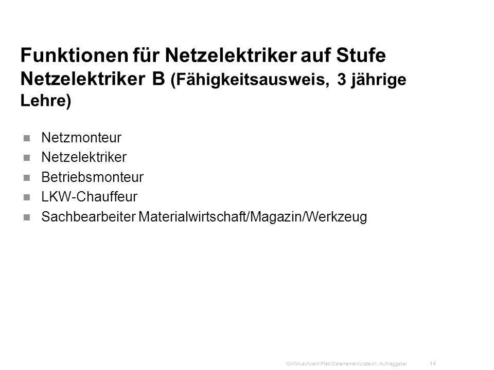 Funktionen für Netzelektriker auf Stufe Netzelektriker B (Fähigkeitsausweis, 3 jährige Lehre)