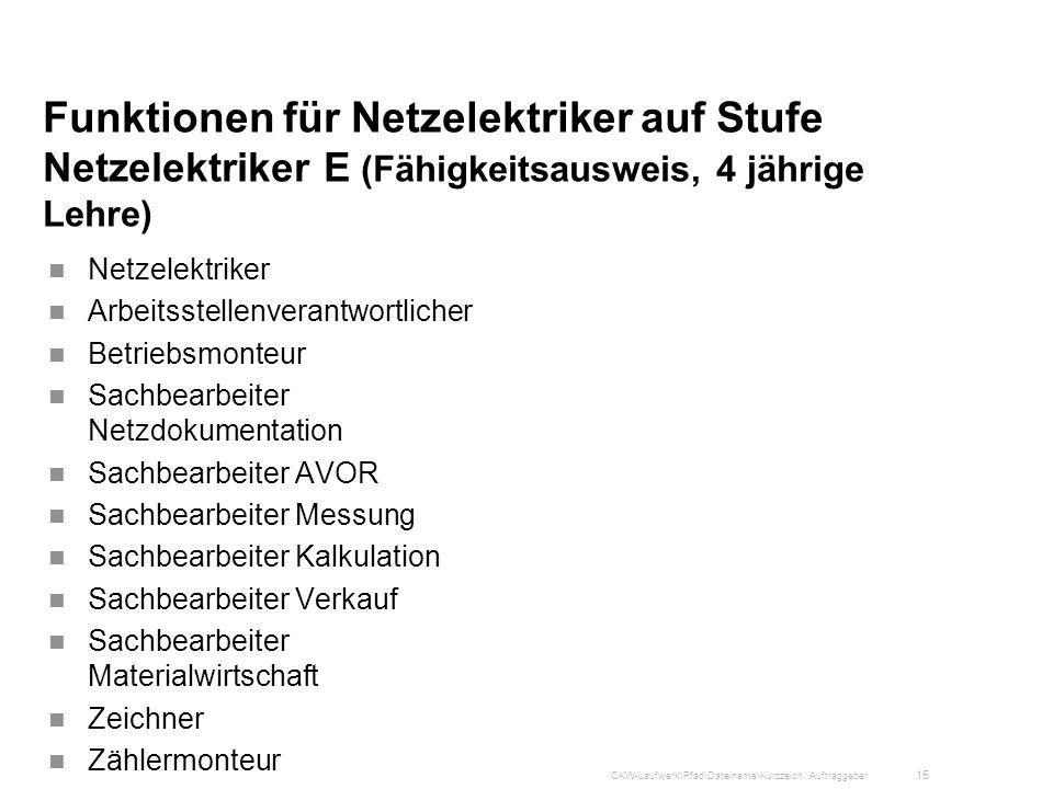 Funktionen für Netzelektriker auf Stufe Netzelektriker E (Fähigkeitsausweis, 4 jährige Lehre)