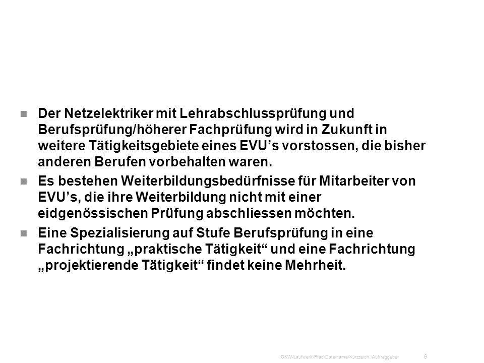 Der Netzelektriker mit Lehrabschlussprüfung und Berufsprüfung/höherer Fachprüfung wird in Zukunft in weitere Tätigkeitsgebiete eines EVU’s vorstossen, die bisher anderen Berufen vorbehalten waren.