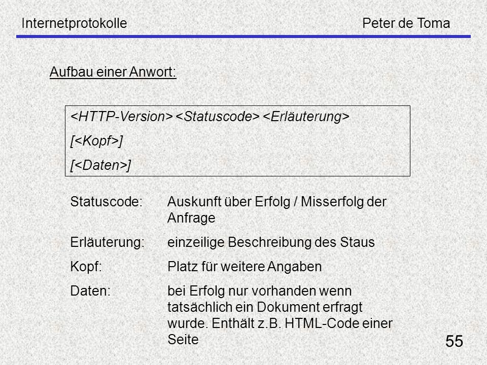 55 Internetprotokolle Peter de Toma Aufbau einer Anwort: