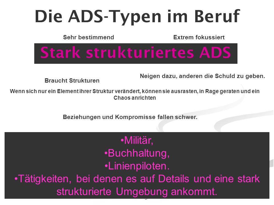 Die ADS-Typen im Beruf Stark strukturiertes ADS Militär, Buchhaltung,