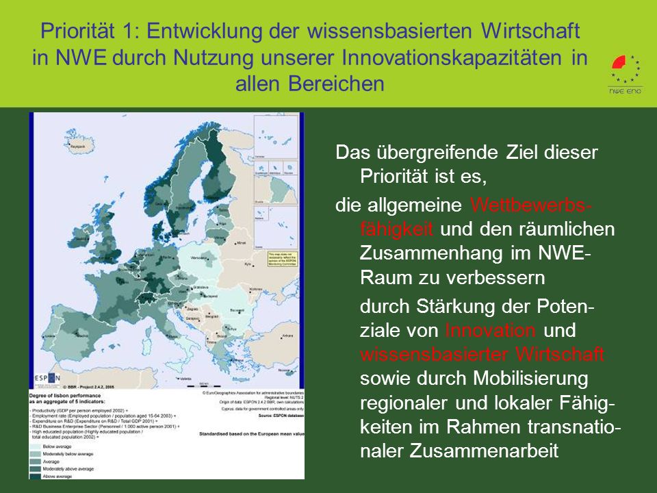 Priorität 1: Entwicklung der wissensbasierten Wirtschaft in NWE durch Nutzung unserer Innovationskapazitäten in allen Bereichen