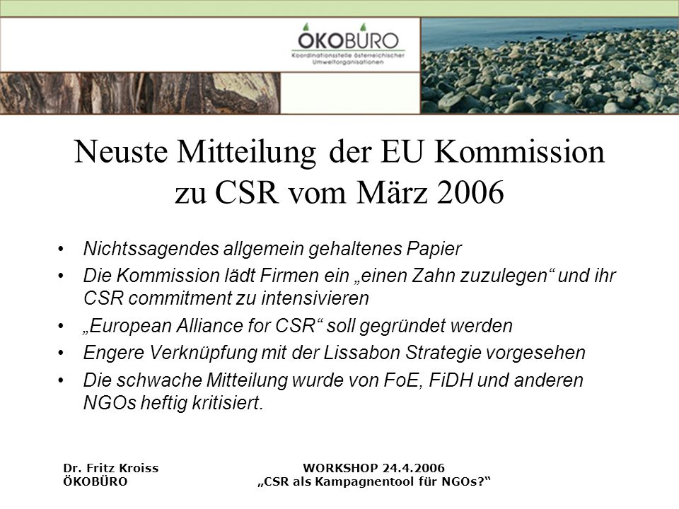 Neuste Mitteilung der EU Kommission zu CSR vom März 2006