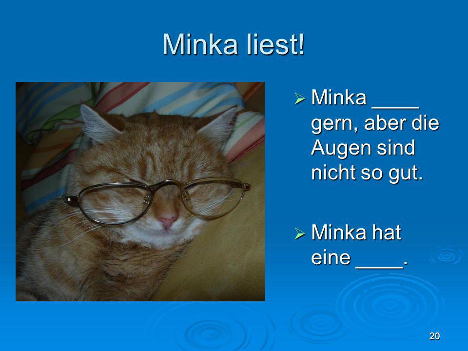Minka liest! Minka ____ gern, aber die Augen sind nicht so gut.