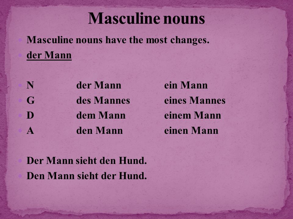 Masculine nouns Masculine nouns have the most changes. der Mann