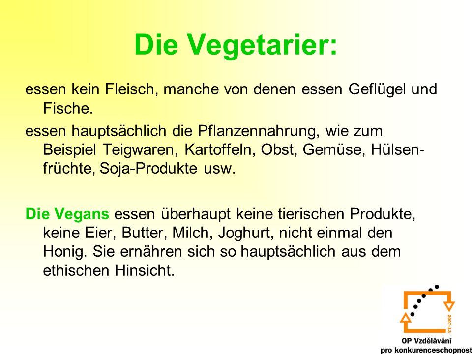 Die Vegetarier: essen kein Fleisch, manche von denen essen Geflügel und Fische.