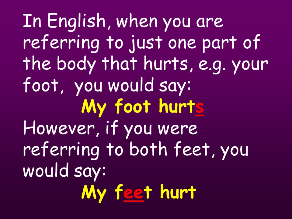 In English, when you are referring to just one part of the body that hurts, e.g.