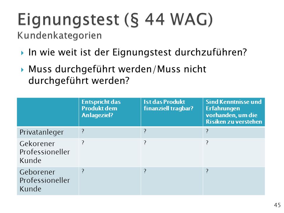 Eignungstest (§ 44 WAG) Kundenkategorien