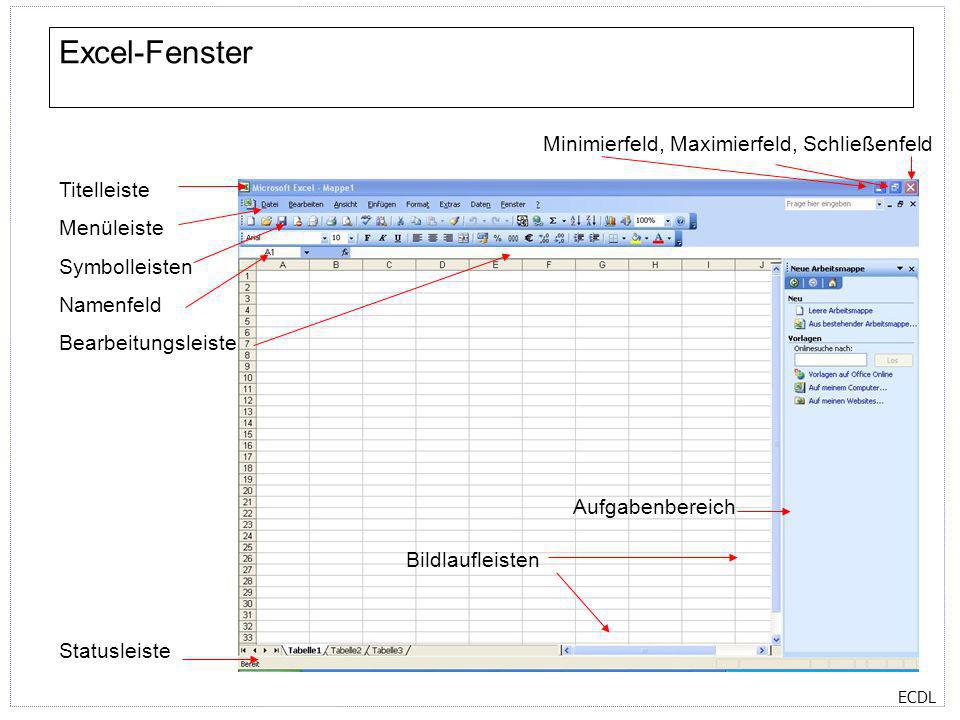 Excel-Fenster Minimierfeld, Maximierfeld, Schließenfeld Titelleiste