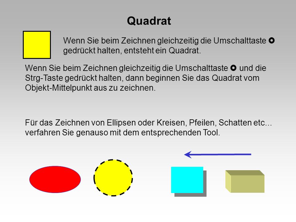 Quadrat Wenn Sie beim Zeichnen gleichzeitig die Umschalttaste  gedrückt halten, entsteht ein Quadrat.