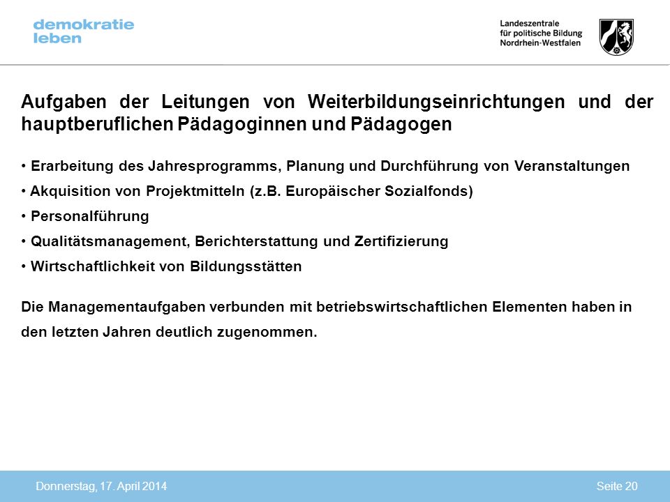 Aufgaben der Leitungen von Weiterbildungseinrichtungen und der hauptberuflichen Pädagoginnen und Pädagogen