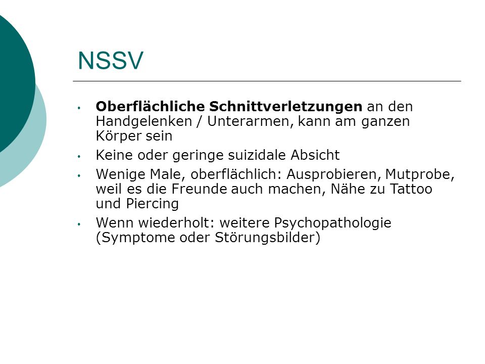 NSSV Oberflächliche Schnittverletzungen an den Handgelenken / Unterarmen, kann am ganzen Körper sein.