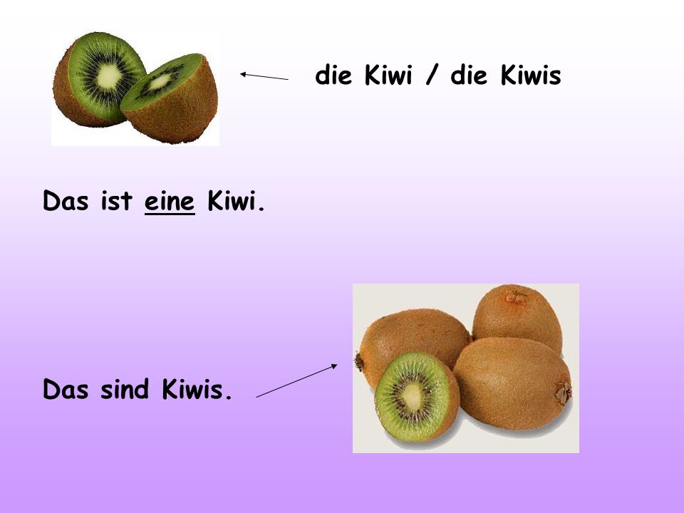 die Kiwi / die Kiwis Das ist eine Kiwi. Das sind Kiwis.