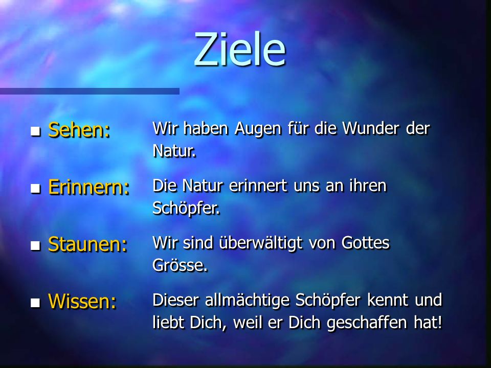 Ziele Sehen: Erinnern: Staunen: Wissen: