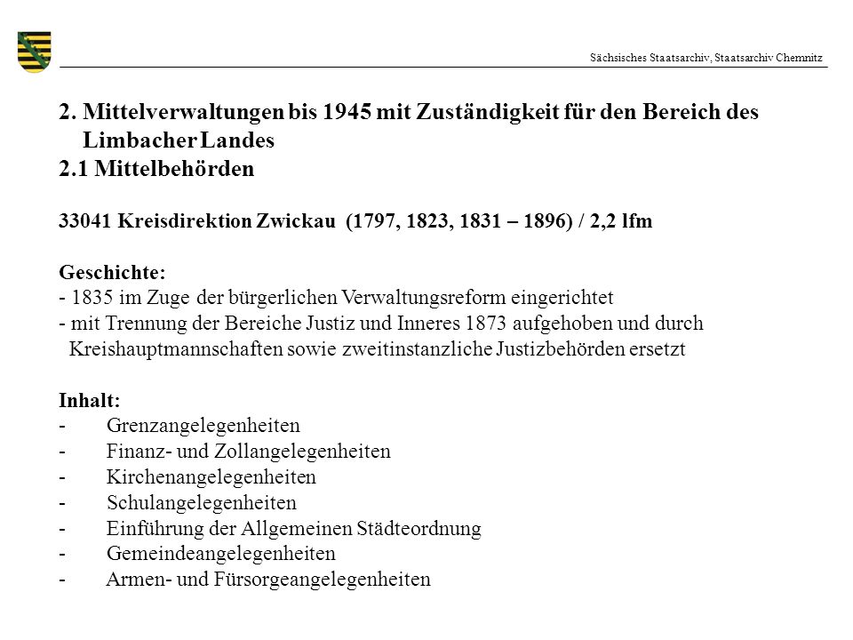 2. Mittelverwaltungen bis 1945 mit Zuständigkeit für den Bereich des
