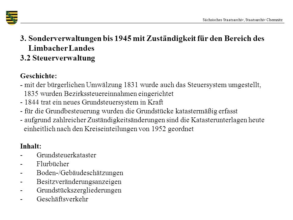 3. Sonderverwaltungen bis 1945 mit Zuständigkeit für den Bereich des