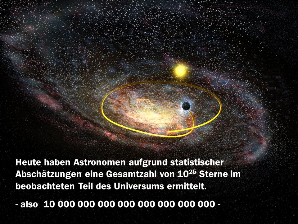 Heute haben Astronomen aufgrund statistischer Abschätzungen eine Gesamtzahl von 1025 Sterne im beobachteten Teil des Universums ermittelt.