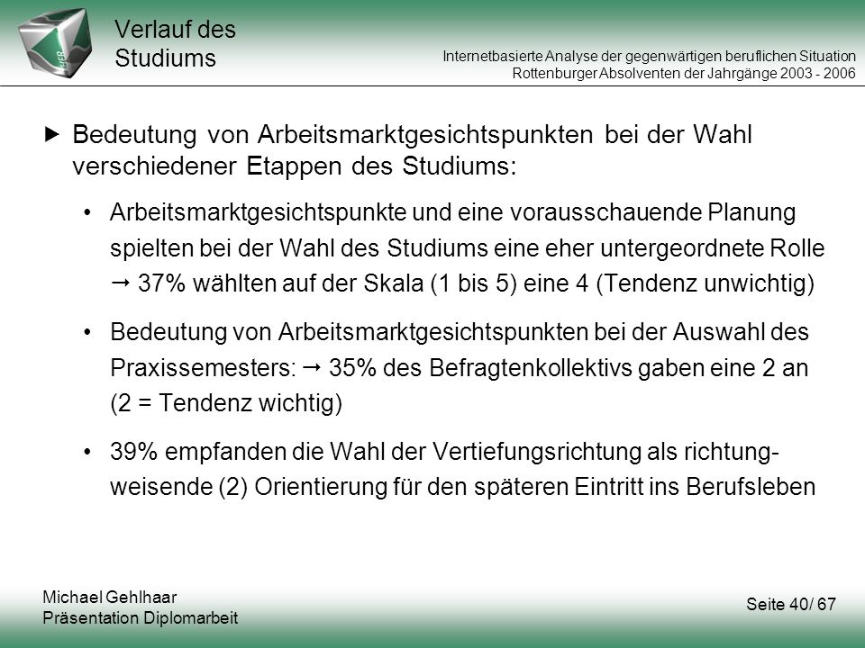 Verlauf des Studiums Bedeutung von Arbeitsmarktgesichtspunkten bei der Wahl verschiedener Etappen des Studiums: