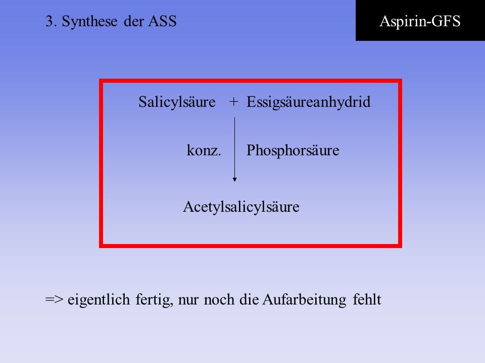 3. Synthese der ASS Aspirin-GFS. Salicylsäure + Essigsäureanhydrid. konz. Phosphorsäure. Acetylsalicylsäure.